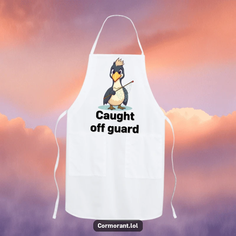 Funny Cormorant Apron: A comically surprised cormorant holds a misplaced net, designed for chefs who appreciate kitchen humor.
