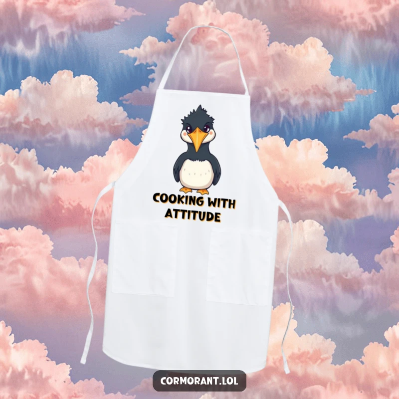 Funny Cormorant Apron depicting a cute, squawking kawaii bird, ideal for chefs and home cooks who enjoy humor in the kitchen.