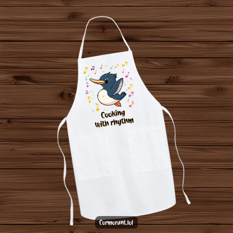 Funny cormorant apron with a cormorant wearing a playful grin, swimming through colorful floating musical notes, ideal for humorous kitchen wear.