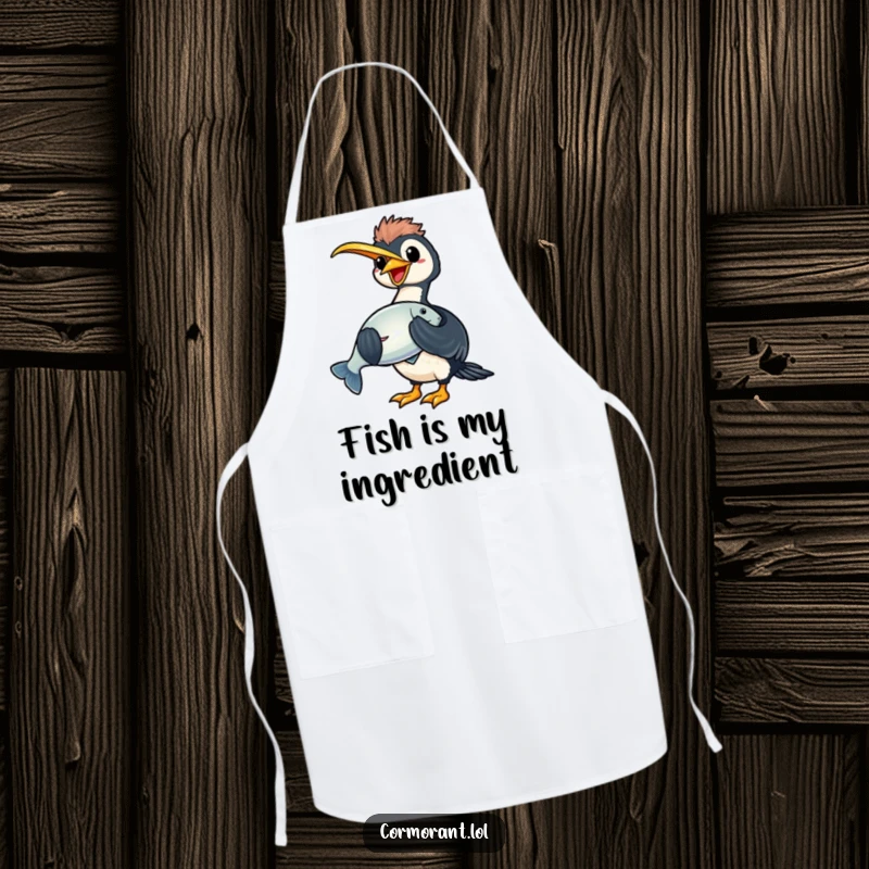 Funny kawaii cormorant apron with a happy bird holding a large, shiny fish, ideal for kitchen humor.