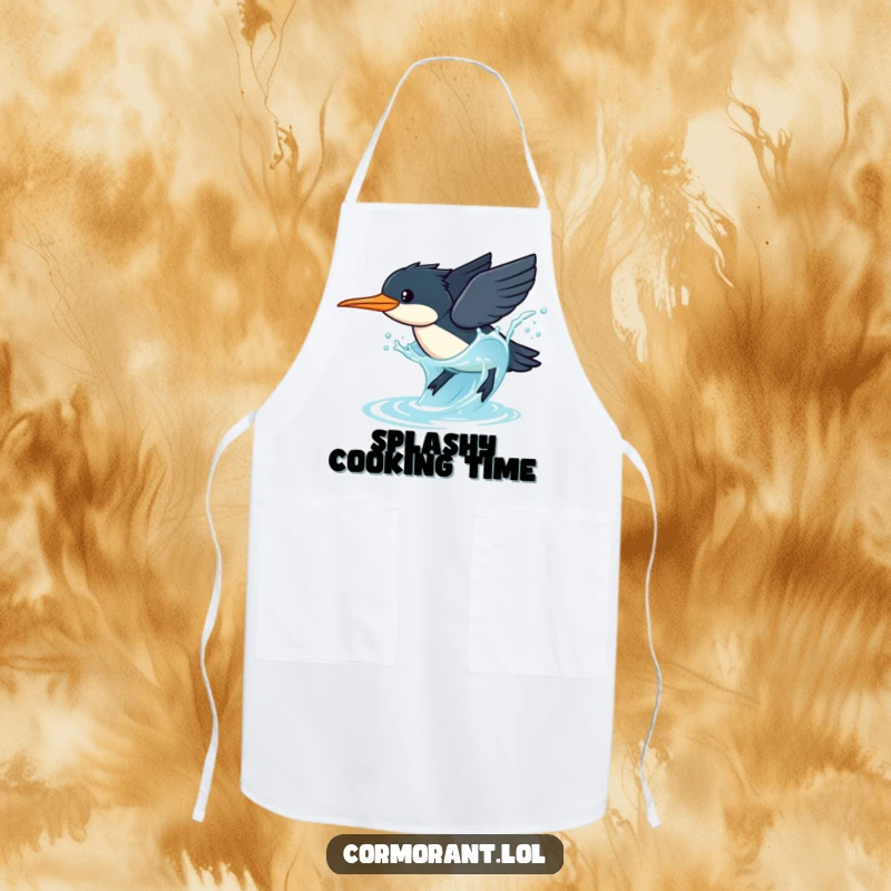 Funny Cormorant Apron: A kawaii cormorant dives gracefully into sparkling blue water with a splashy pose, ready for kitchen duty.