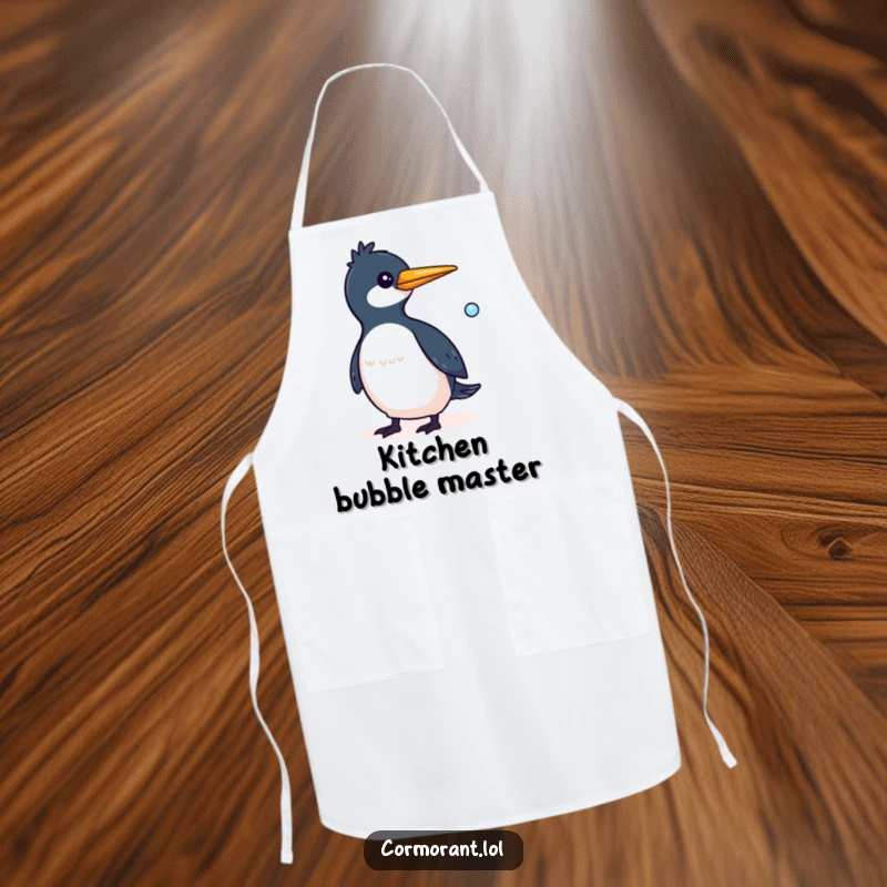 Funny Cormorant Apron showcasing a whimsical bird with a small bubble trailing behind it, perfect for a fun cook.
