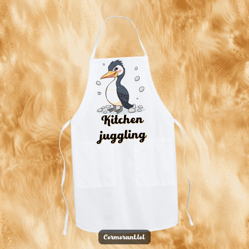 Funny cormorant apron with a winking bird juggling pebbles, ideal for kitchen use and artistic chefs.