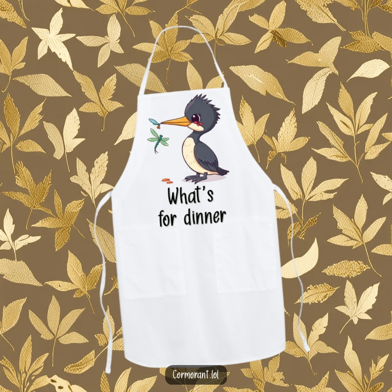 Funny Cormorant Apron: A humorous kitchen apron showing a cormorant tilting its head curiously towards a dragonfly.