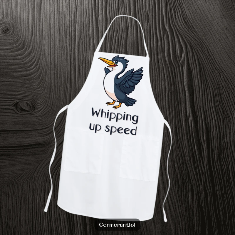 Funny Cormorant flapping its wings vigorously on an apron, symbolizing energetic cooking and culinary flight.