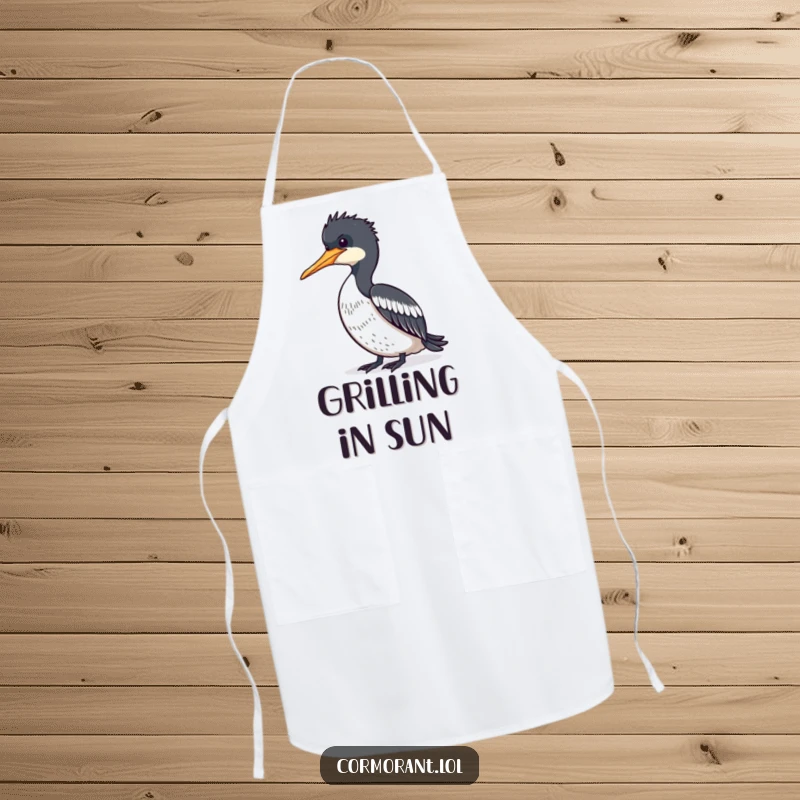 Funny Cormorant drying feathers in the sun on an apron, perfect for relaxed gardening or cooking sessions.