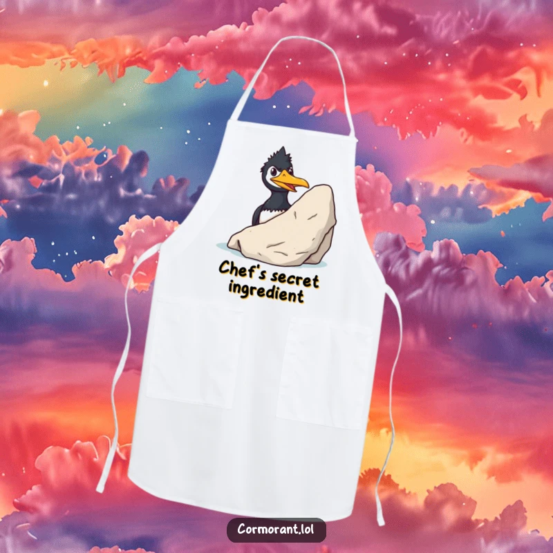 Funny Cormorant Apron: A sly cormorant grins cheekily while peeking from behind a rock, ideal for cooks with a sense of humor.