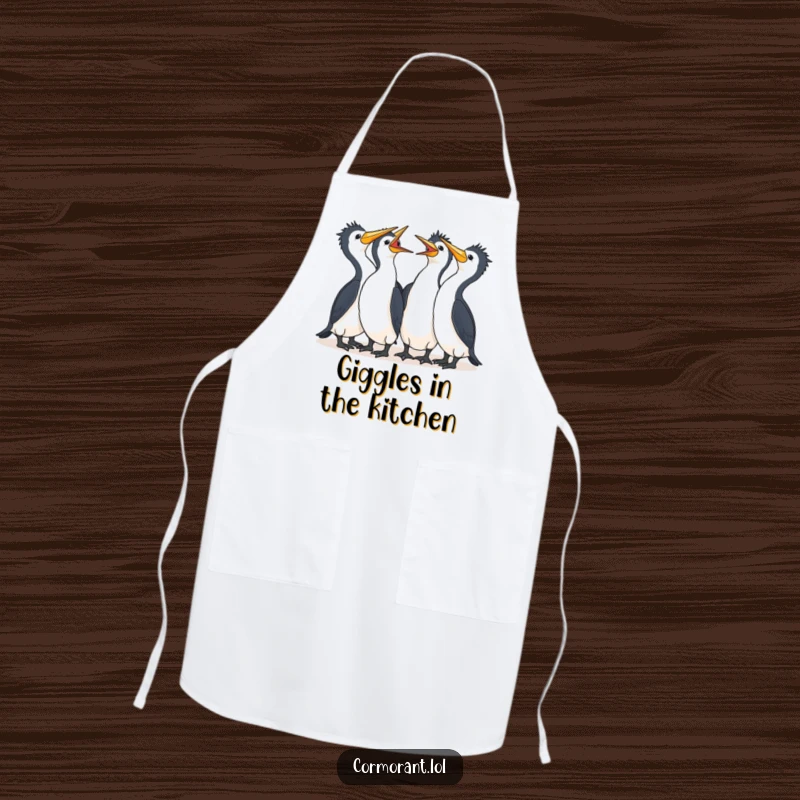 Funny Cormorant Apron showcasing a group of happy kawaii birds laughing together, perfect for kitchen fun and shared meals.