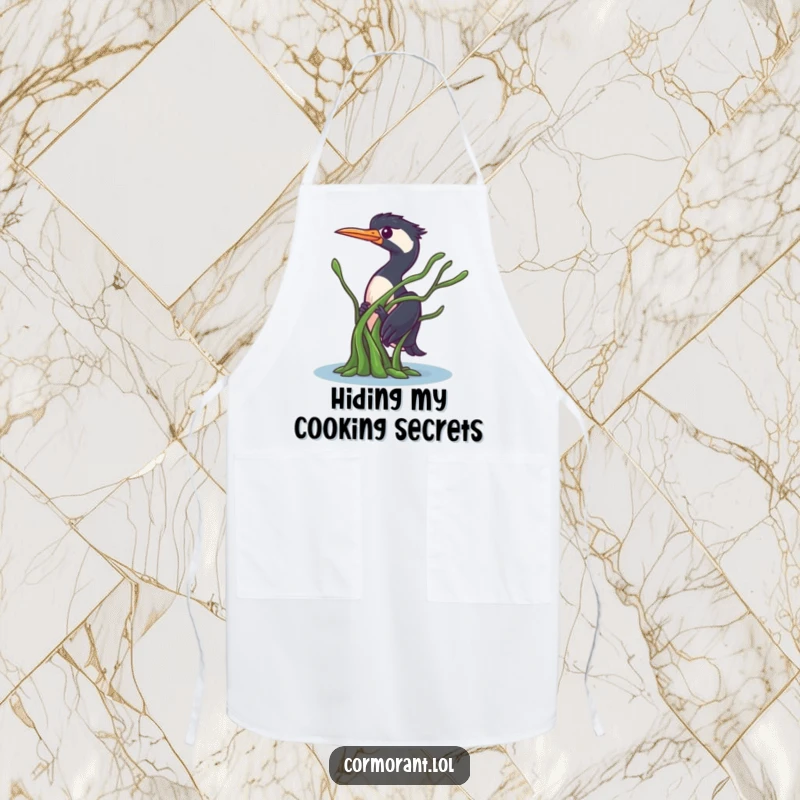 Funny Cormorant Apron: A bird character playfully peeking from behind seaweed, adding a touch of stealthy humor to cooking activities.