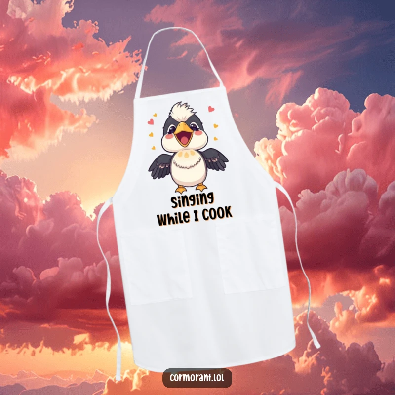 Funny Cormorant Apron: A bird with its beak open, joyfully singing a happy tune, adding melodic charm to kitchen activities.