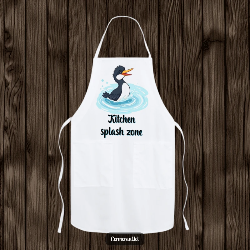 Funny cormorant apron, playful bird splashing gleefully in a bubbly, azure pond, ideal for cooking and kitchen fun.