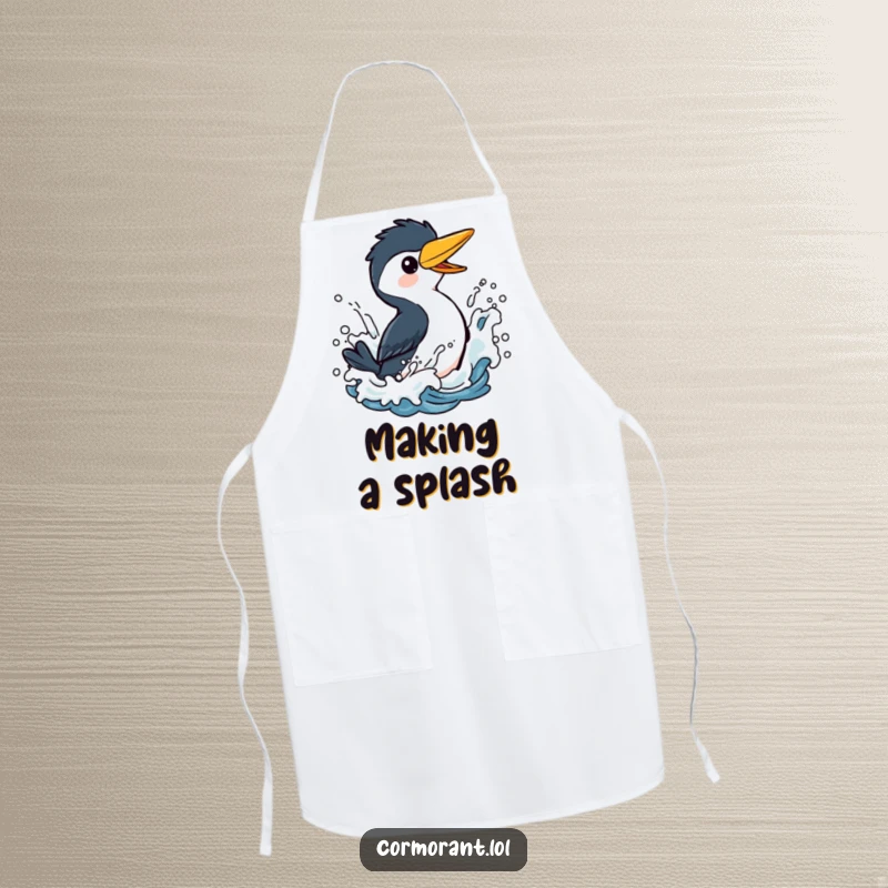 Funny Cormorant Apron: A whimsical bird depicted splashing energetically in stylized ocean waves, ideal for adding humor to cooking tasks.
