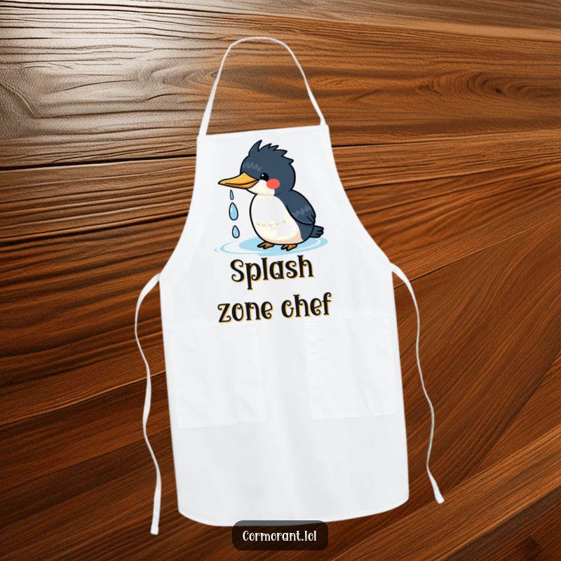 Funny kawaii cormorant apron depicting a cute bird happily shaking water droplets off its head, ideal for kitchen joy.