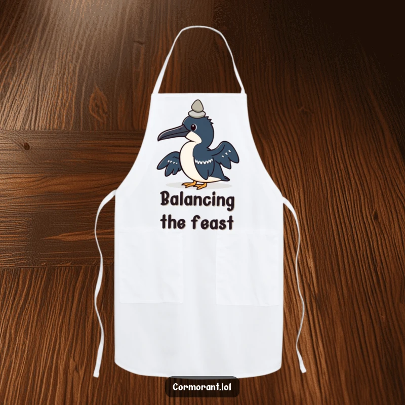 Funny apron with a kawaii cormorant bird attempting to balance a small pebble on its head.