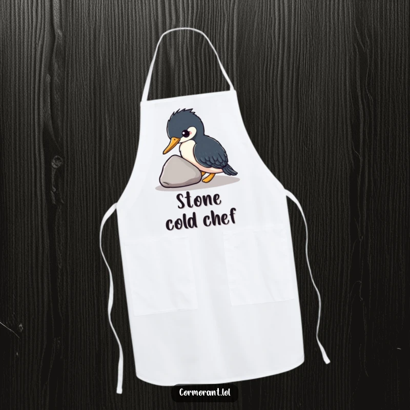 Funny kawaii cormorant wearing an apron while nudging a stone, cute kitchen accessory, bird-themed gift, perfect funny gift.