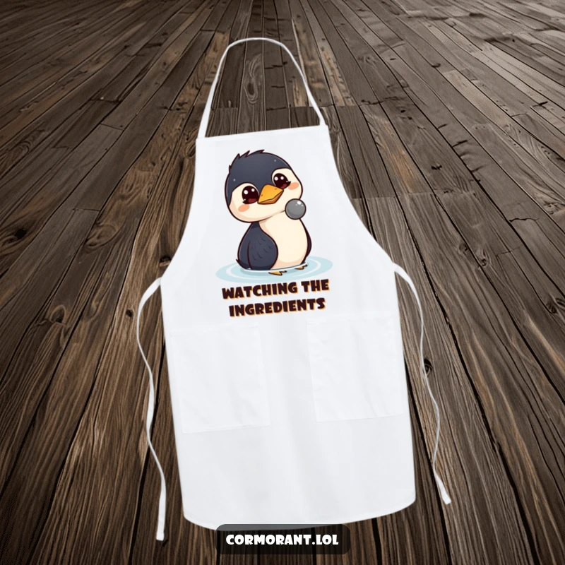 Funny kawaii cormorant apron with wide, curious eyes watching a floating object, ideal for kitchen use.