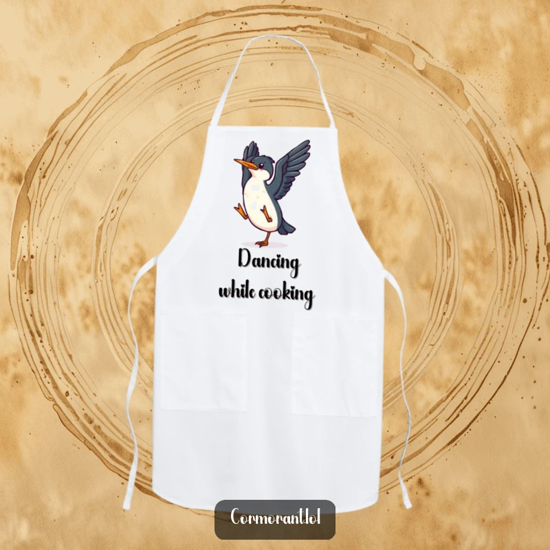 Funny kawaii cormorant apron with a small, happy bird flapping its wings in a joyful dance, ideal for kitchen use.