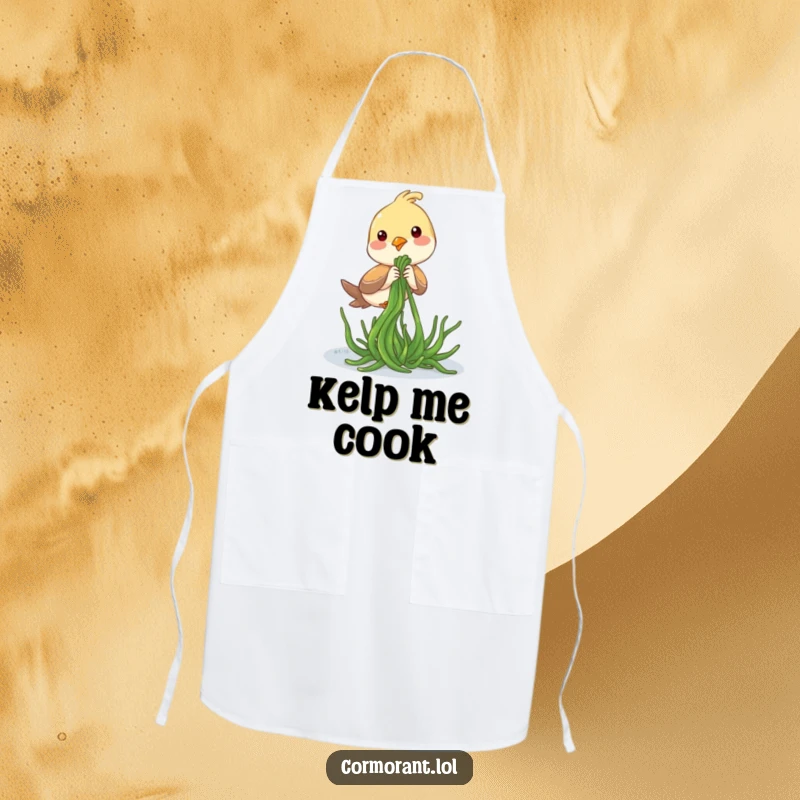 Funny Apron: A bird playfully tugging on seaweed, adding seaside humor to the kitchen.