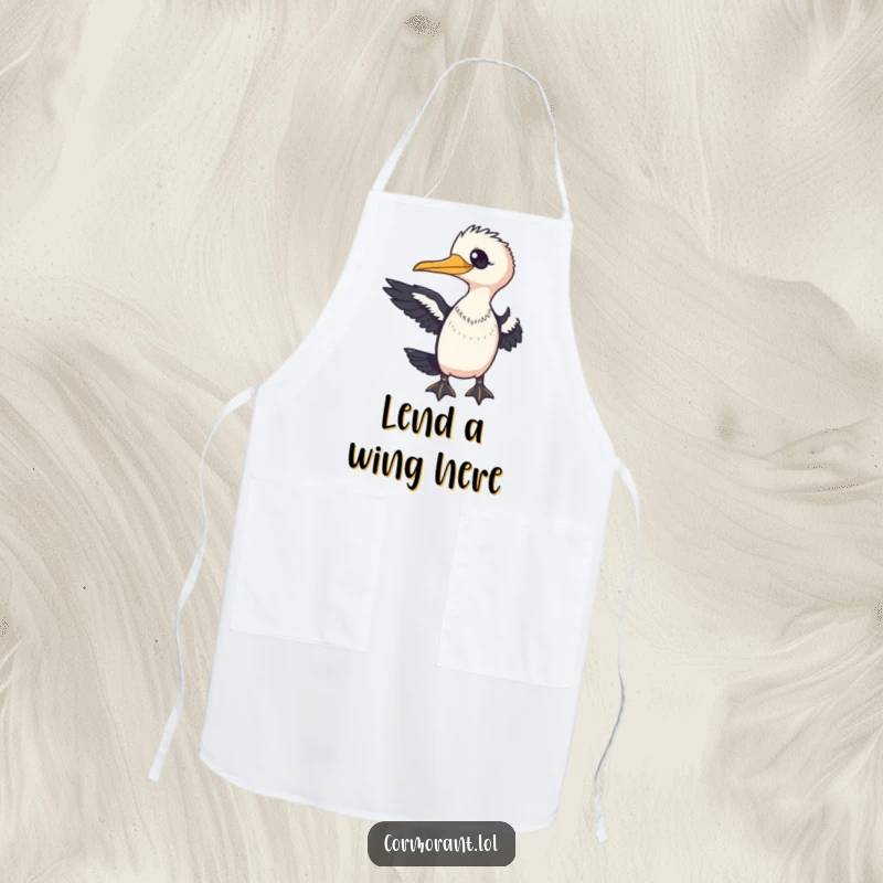 Funny Cormorant Apron with a friendly bird extending a wing towards the viewer, perfect for a welcoming chef.