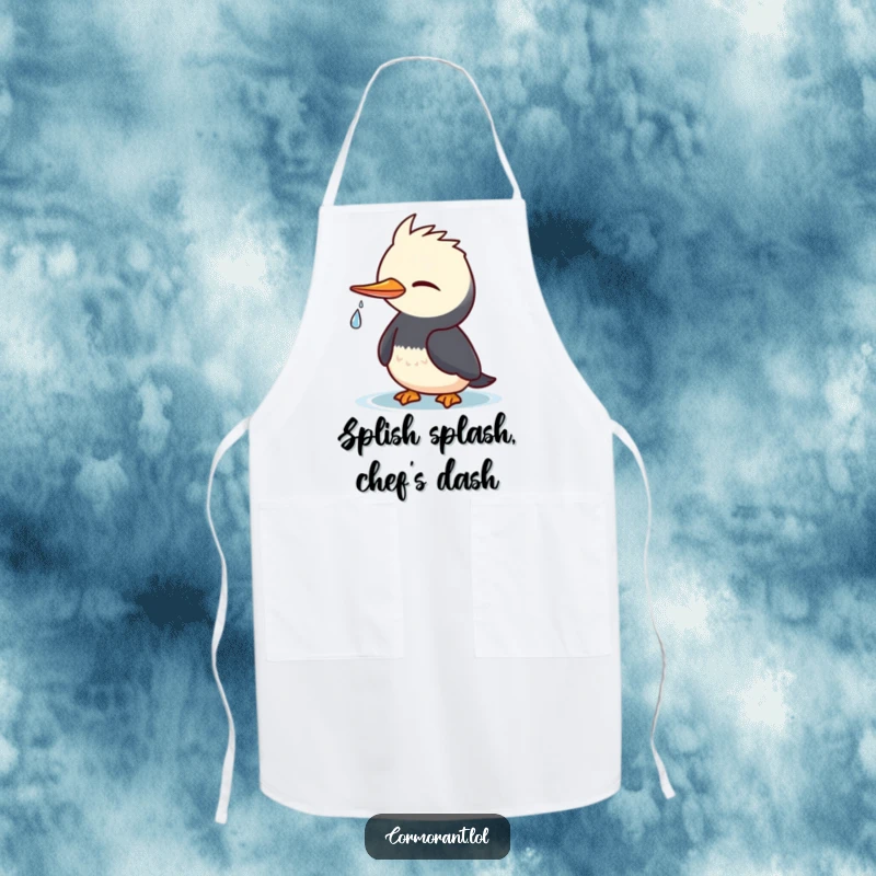 Funny Cormorant Apron: Kawaii bird winking playfully while cooking, a tiny water droplet, humorous funny gift.
