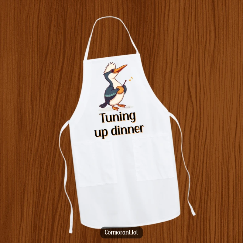 Funny Cormorant Apron showing a cormorant playing music on a seashell, combining kitchen protection with musical humor.