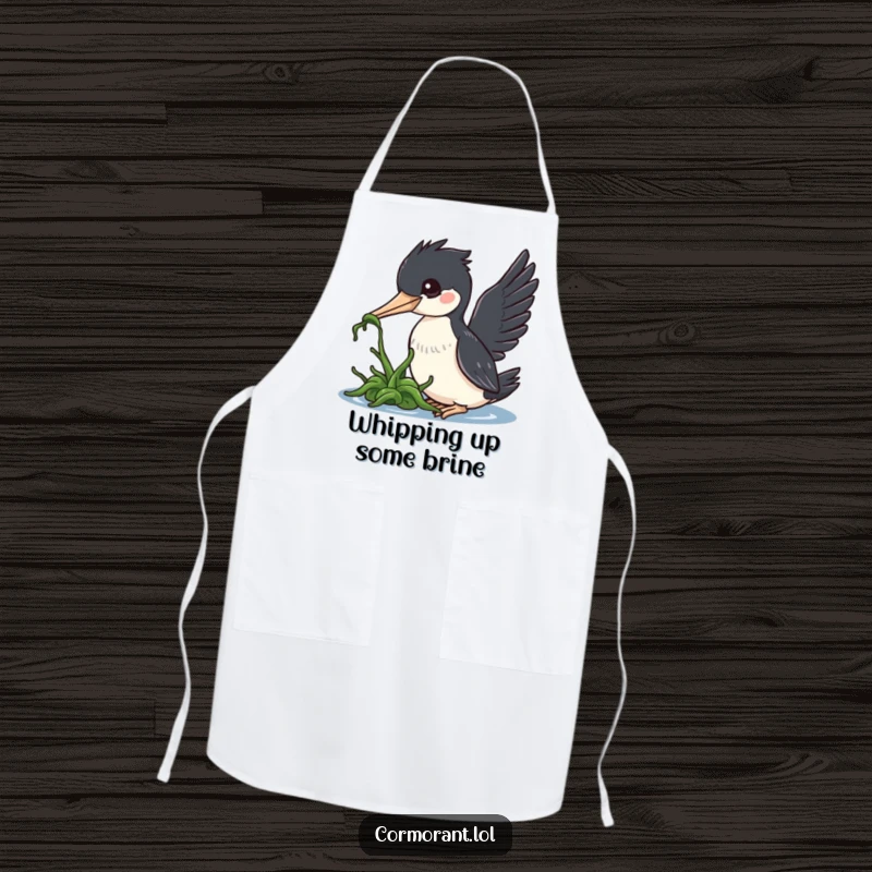 Funny cormorant apron, a kawaii bird using its beak to playfully nudge seaweed, inspiring joy in the kitchen.