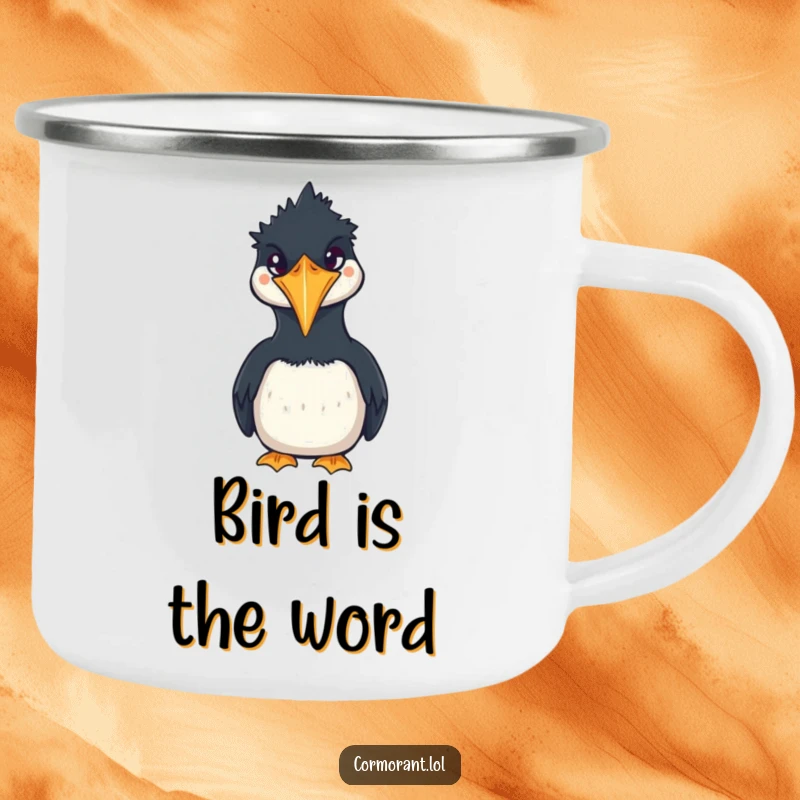 Funny Cormorant Camping Mug featuring a charming, squawking kawaii bird, designed for outdoor use and humorous enjoyment.