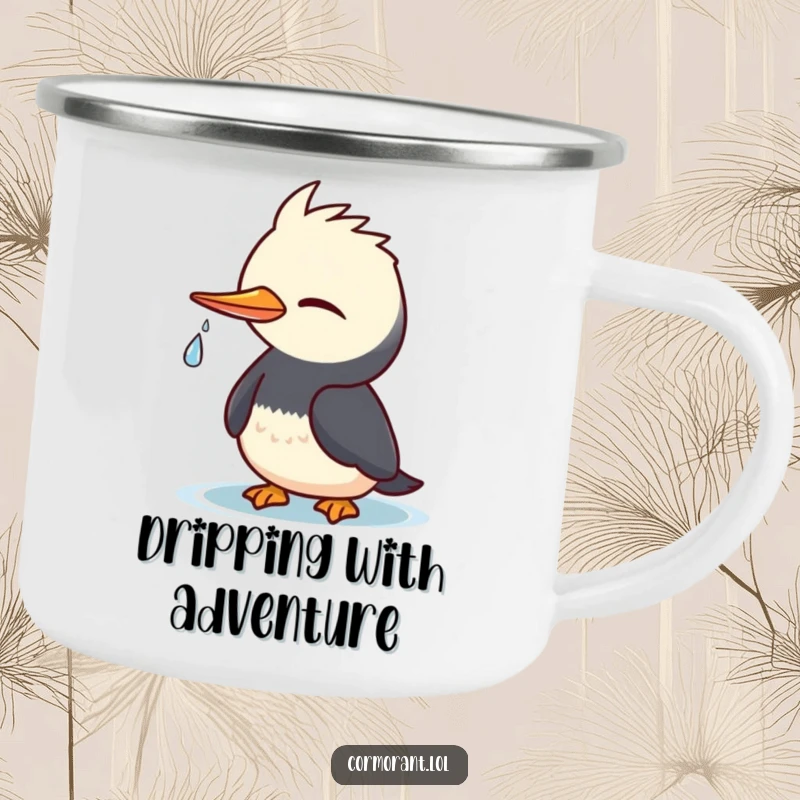 Funny Cormorant Camping Mug: Kawaii bird winking at the campfire, a tiny water droplet, hardy funny gift.