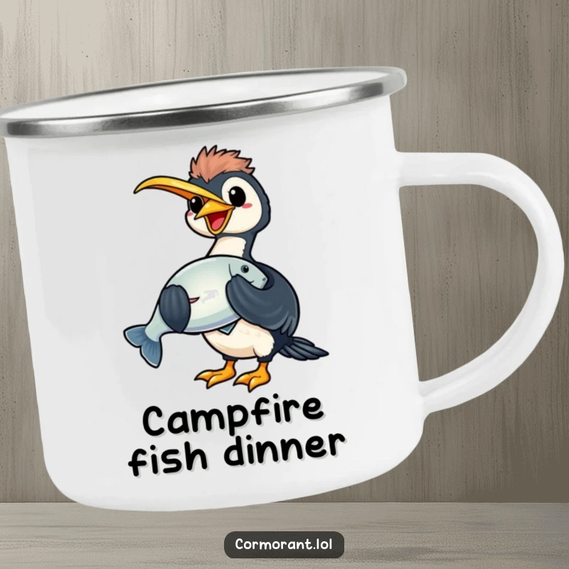 Funny kawaii cormorant camping mug with a happy bird holding a large, shiny fish, perfect for outdoor enjoyment.