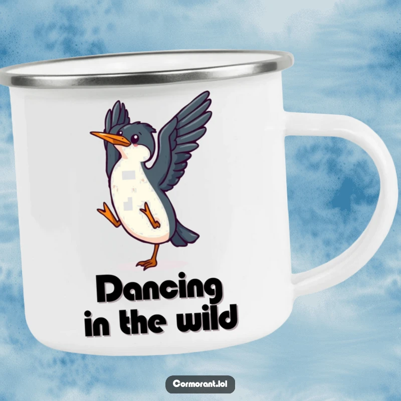 Funny kawaii cormorant camping mug with a small, happy bird flapping its wings in a joyful dance, perfect for outdoor enjoyment.