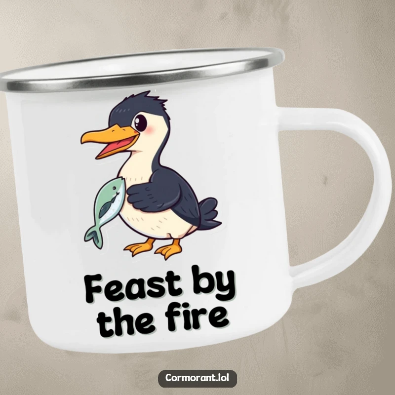 Funny cormorant camping mug showing a smiling bird proudly holding a shiny fish in its beak, perfect for outdoor pride.