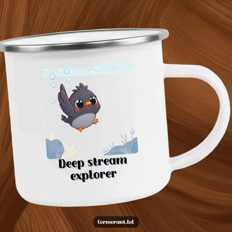 Funny camping mug showing a small, dark bird with big, round eyes joyfully diving into the water.