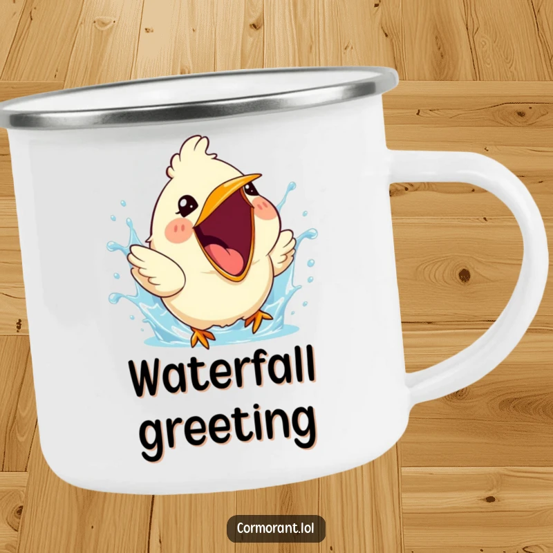 Funny camping mug showing a cute bird with its beak wide open, mid-splash, radiating happiness.