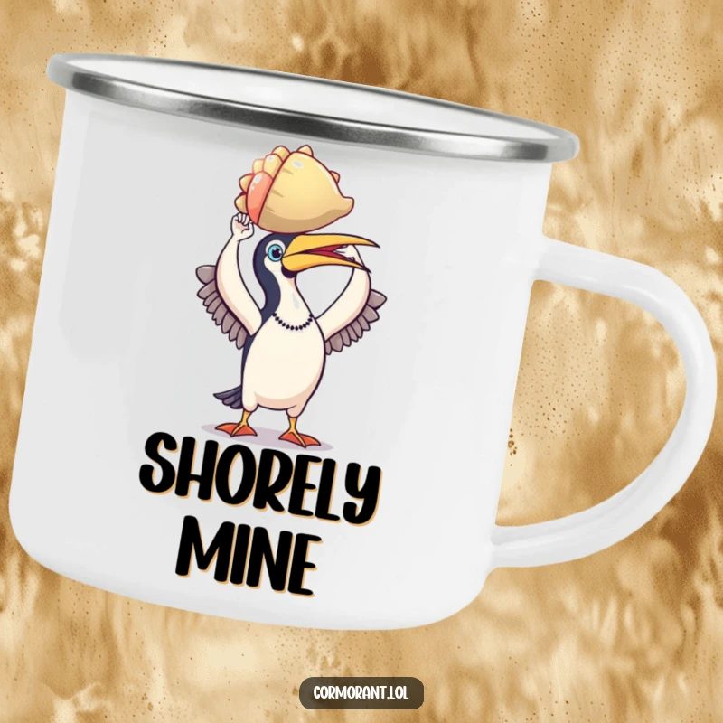 Funny cormorant camping mug, triumphant bird holding a shiny, colorful shell, perfect for outdoor use and celebrating finds.