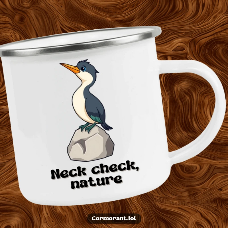 Funny Cormorant Camping Mug: A rustic enamel mug featuring a curious cormorant bird stretching its neck on a rock, perfect for outdoors.