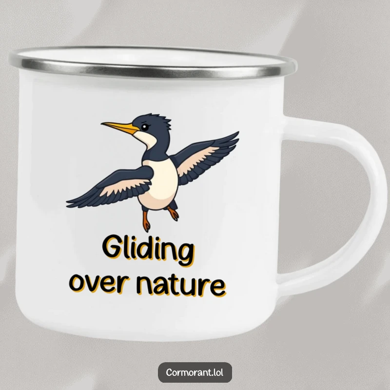 Funny Cormorant Camping Mug featuring a sleek silhouette gliding through the air, perfect for outdoor enthusiasts.