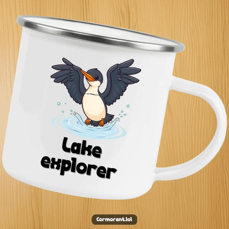 Funny cormorant camping mug with a bird diving into water, perfect for outdoor trips and bird lovers.