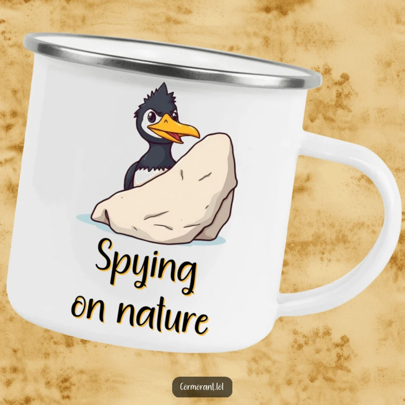 Funny Cormorant Camping Mug: A sly cormorant grins while peeking from behind a rock, perfect for outdoor beverages and cheeky moments.