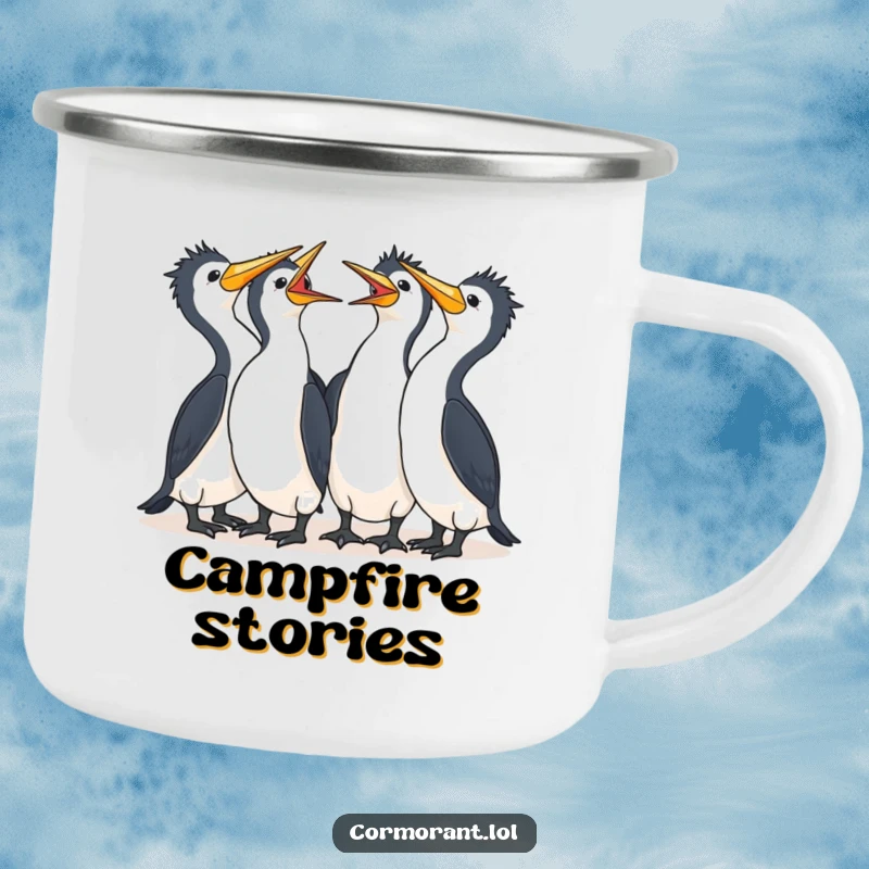 Funny Cormorant Camping Mug featuring a group of adorable kawaii birds laughing together, durable and designed for shared fun.