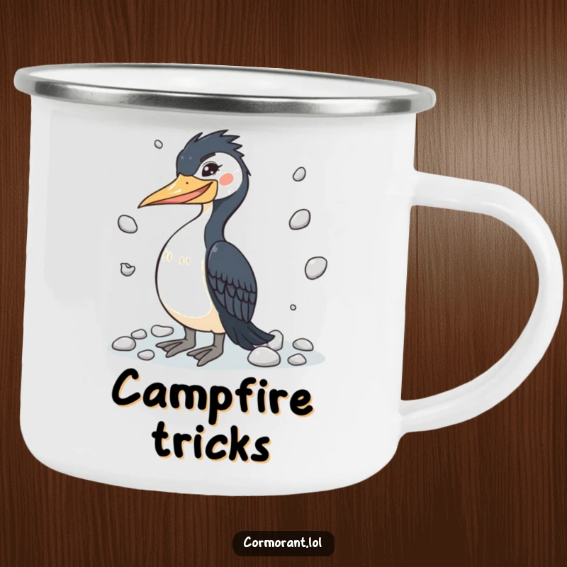 Funny cormorant camping mug with a winking bird juggling pebbles, perfect for outdoor performers and humor.