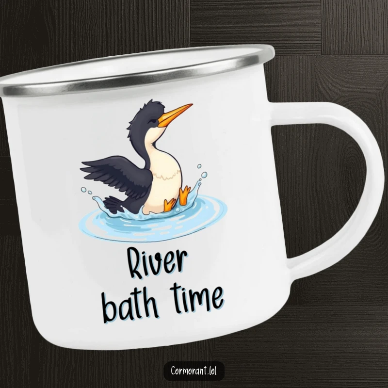 Funny Cormorant Camping Mug: A cormorant gleefully splashes in a small pool, symbolizing refreshing fun on any outdoor expedition.