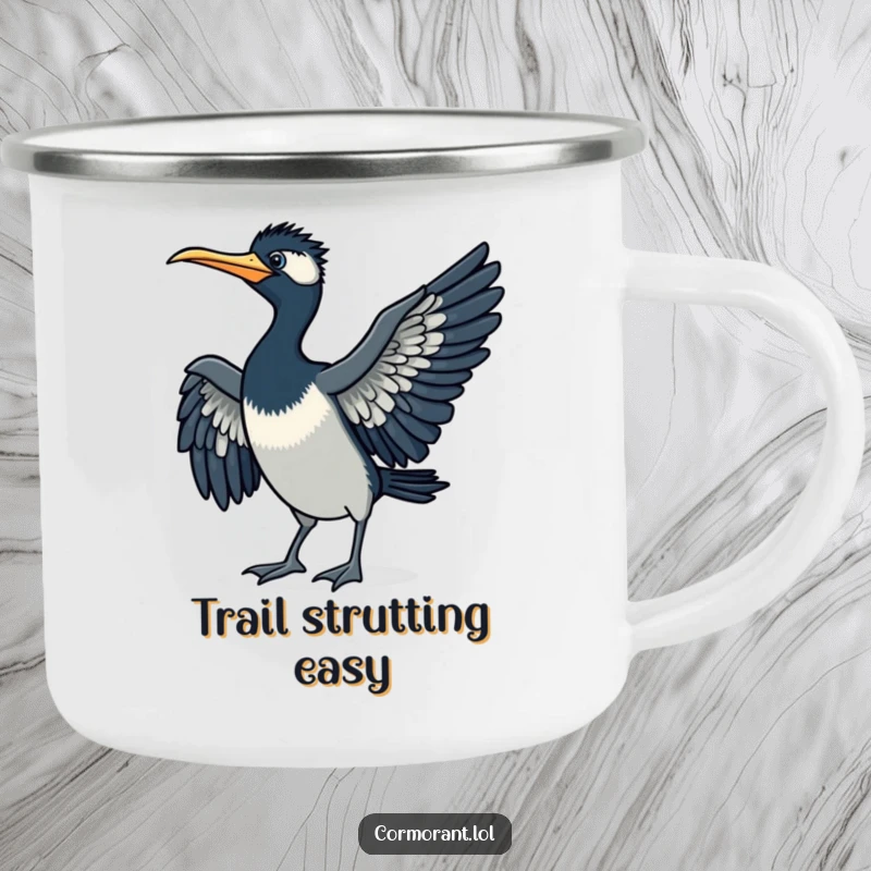 Funny cormorant camping mug, doing a little strut, wings spread, durable and humorous, a great funny gift.