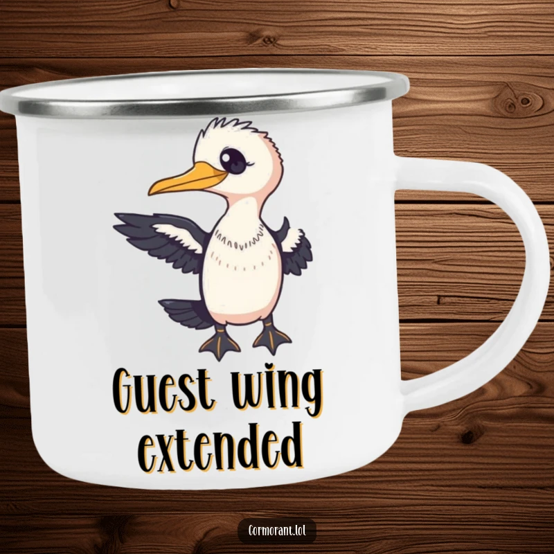 Funny Cormorant Camping Mug featuring a friendly bird extending a wing towards the viewer, ideal for outdoor adventures.