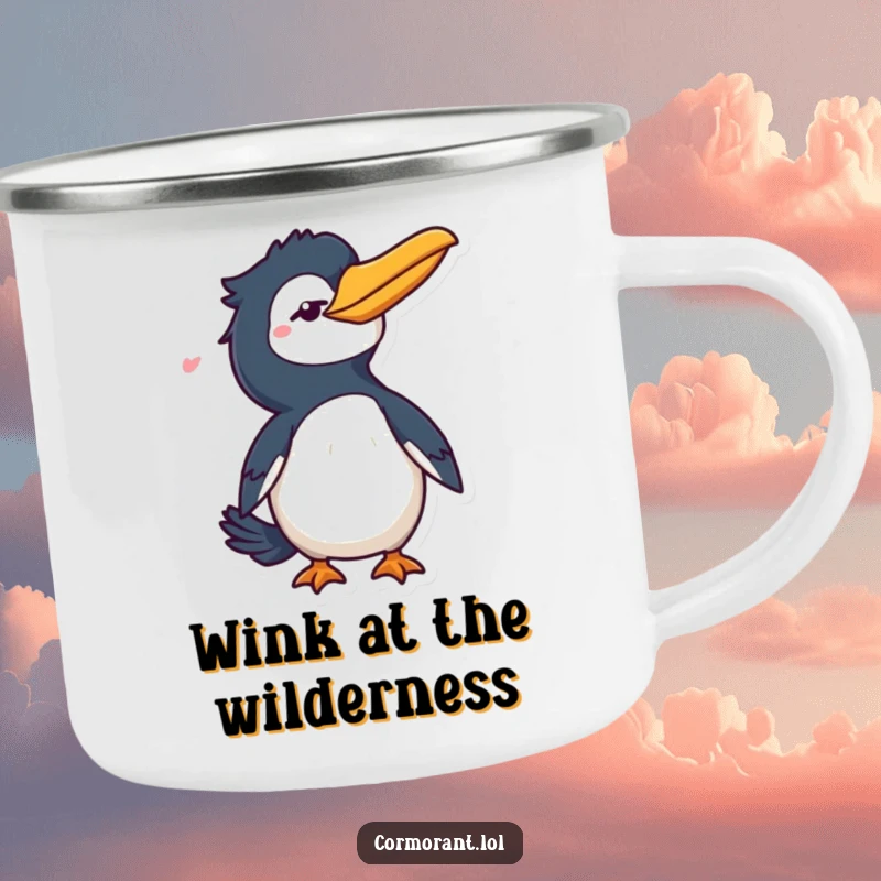 Funny Cormorant Camping Mug: A cheeky bird character winking and flicking its tail, designed for outdoor use and adding a dose of fun.