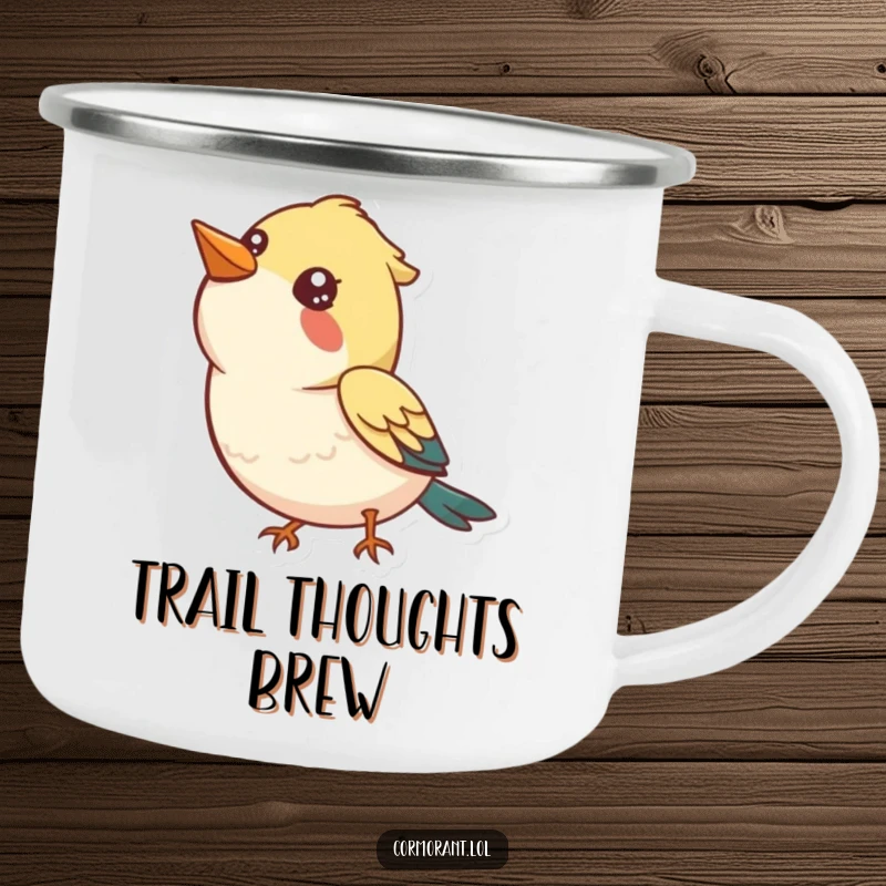 Funny Camping Mug: A bird looking up at the sky with a curious, happy expression, ideal for outdoor sipping.