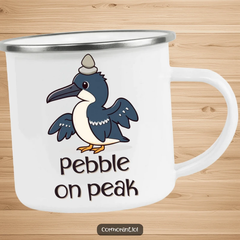 Funny camping mug with a kawaii cormorant bird balancing a small pebble on its head, durable.