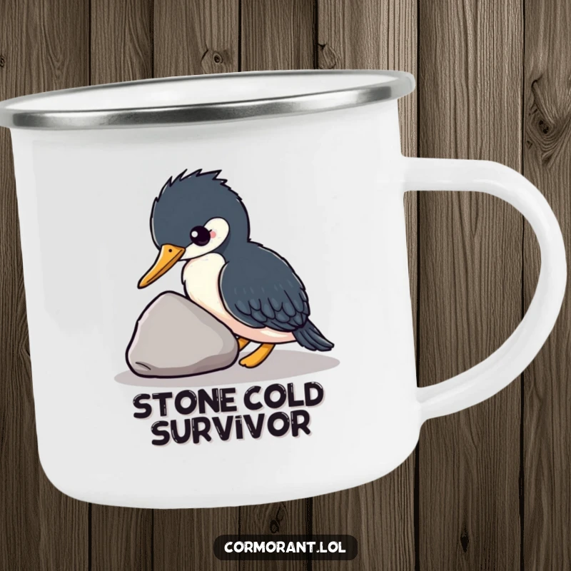 Funny kawaii cormorant enjoying coffee in a camping mug, cute bird outdoor gear, durable enamel mug, ideal funny gift.