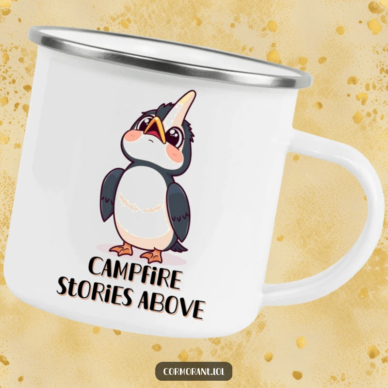 Funny camping mug featuring a kawaii cormorant looking up at the sky with wide, curious eyes and a happy tilt, for thoughtful journeys.