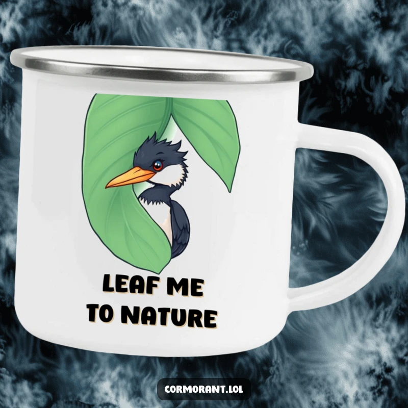 Funny Cormorant Camping Mug: A durable mug with a funny cormorant peeking from behind a wet leaf, perfect for outdoor humor.