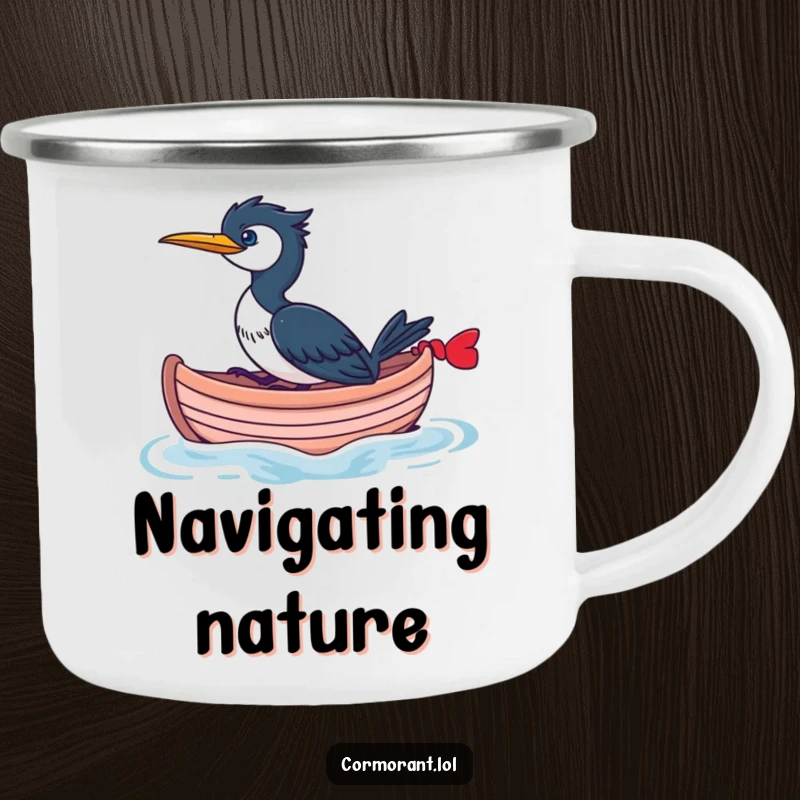 Funny Cormorant Camping Mug featuring a cormorant in a whimsical boat, ideal for nautical adventures and outdoor drinks.